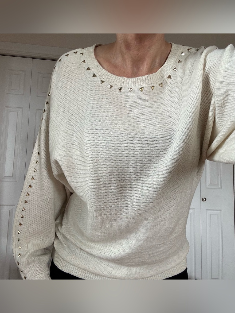Michael Kors Cream Crewneck Sweater with Gold Studs